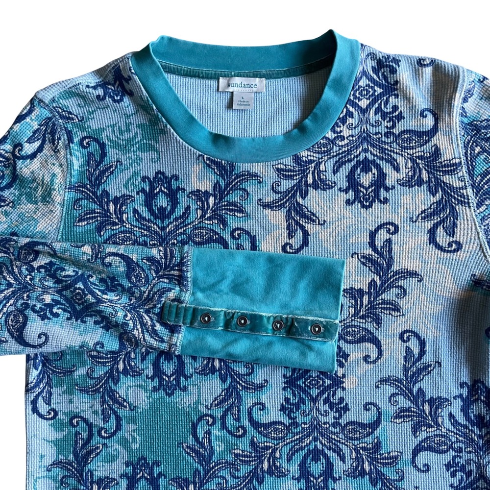Sundance Waffle Knit Top Womens L Blue Paisley Thermal Velvet Trim Button Cuff